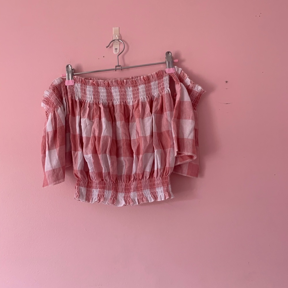 Pink and white gingham cropped shirt